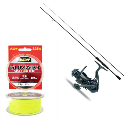 Zestaw Spinningowy- Jaxon Grey Stream 240/30, Kołowrotek Jaxon Harmony HTX300, Plecionka