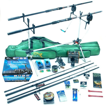 Zestaw Na Karpia - Jaxon 2x Zaffira 3,6m, 2x Kołowrotki CARP5000, Stojak