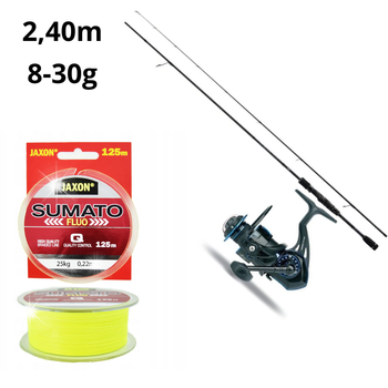 Zestaw Spinningowy- Jaxon Grey Stream 240/30, Kołowrotek Jaxon Harmony HTX300, Plecionka