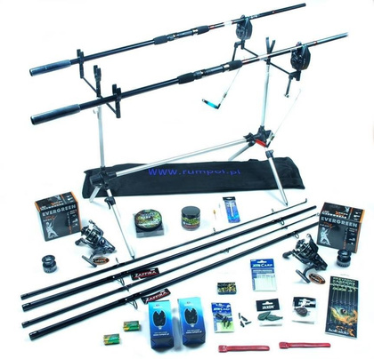 Zestaw Na Karpia - Jaxon 2x Zaffira Carp 3,6m, 2x Kołowrotki MF IFR6000, Stojak