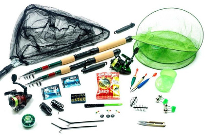 Zestaw Wędkarski 2 Wędki Teleskopowe, 2 Kołowrotki, Podbierak, Dodatki