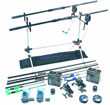 Zestaw Na Karpia - Jaxon 2x Zaffira Carp 3,6m, 2x Kołowrotki MF DA-5000, Stojak